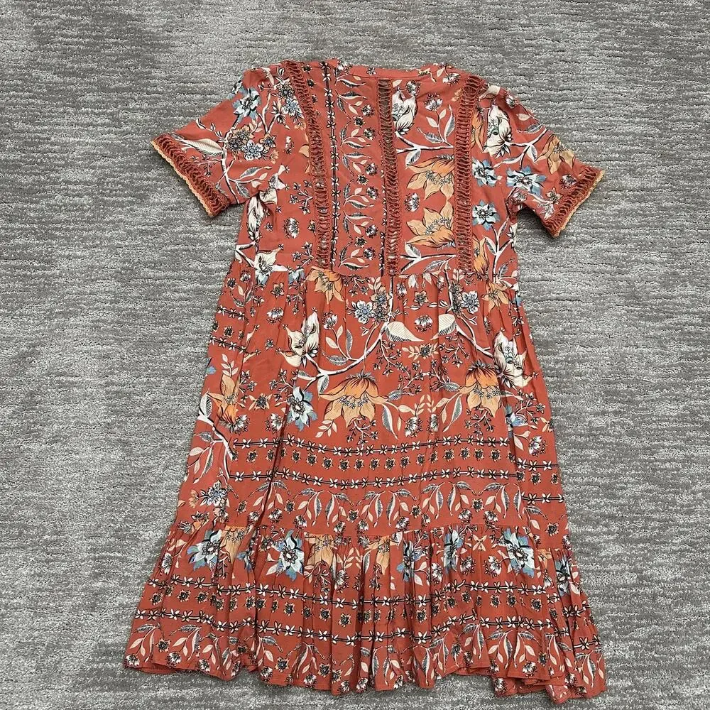 Jaase Dress Womens Small Rust Floral Boho Ruffle Hem Summer Lace Cut Out - Picture 5 of 13